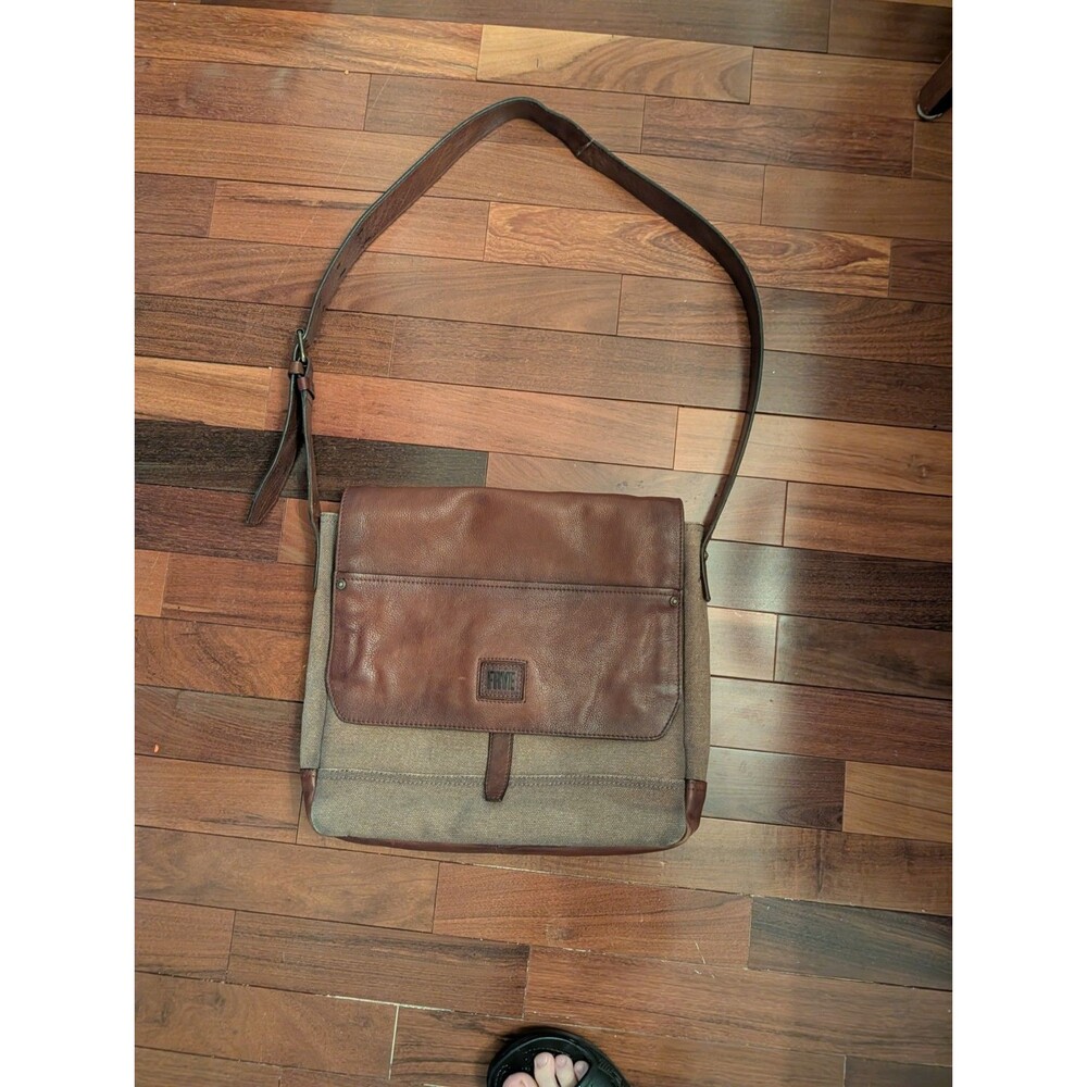 FRYE Men's Ethan Messenger bag flap crossbody leather canvas Damaged Strap